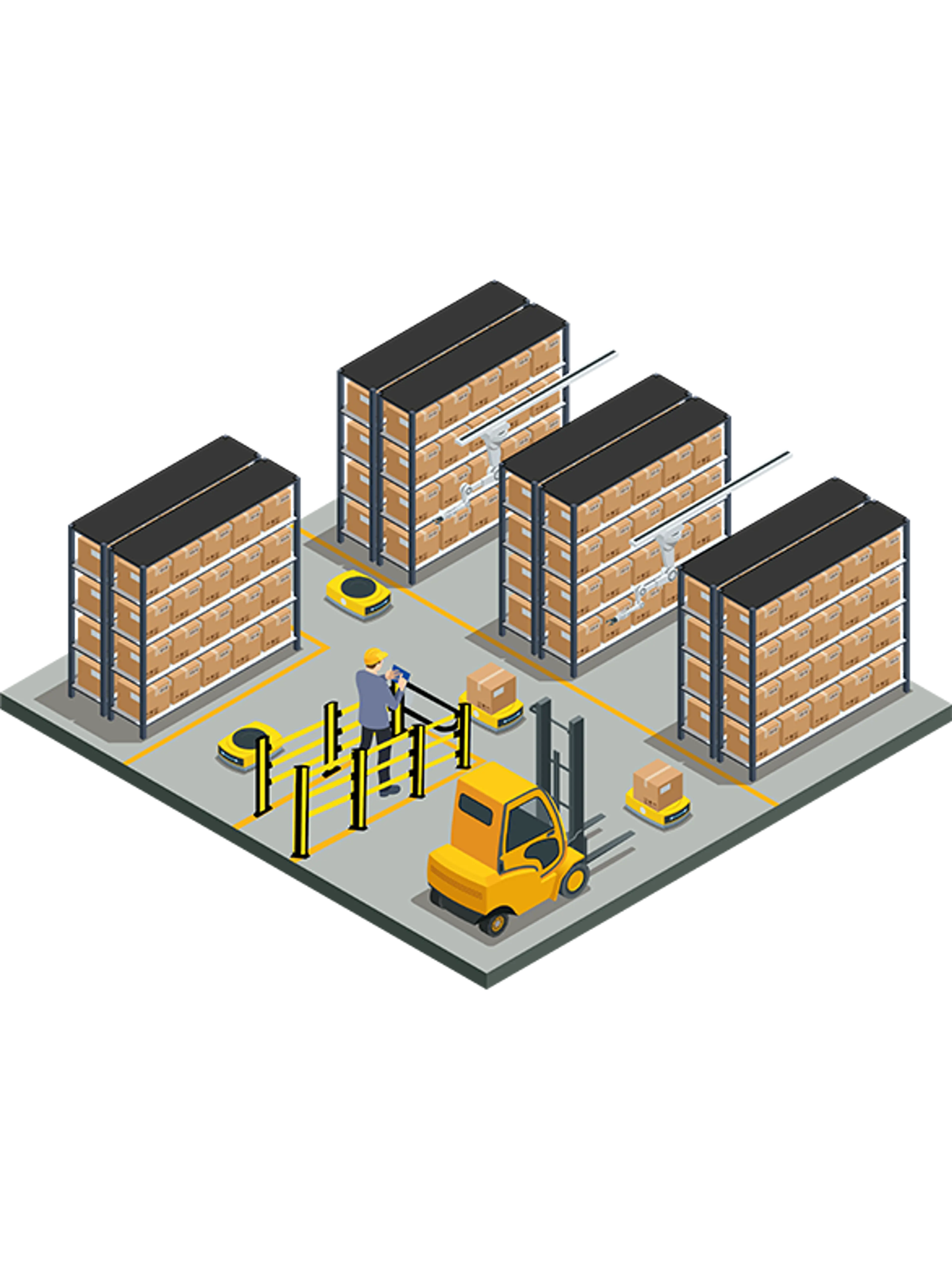 Magazzino con scaffalature, robot mobili, carrello elevatore e operatore dietro barriere di sicurezza.