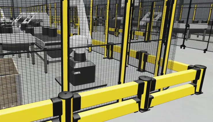 Vista dettagliata nel digital showroom Axelent Xperience che mostra come le pannellature a rete X-Guard e le protezioni antiurto X-Protect di Axelent tutelano i robot automatizzati